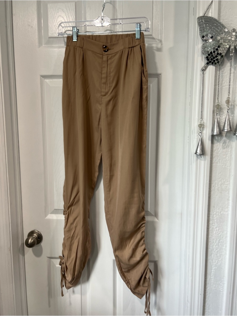 Tan Drawstring Hem Chinos with Button Waist